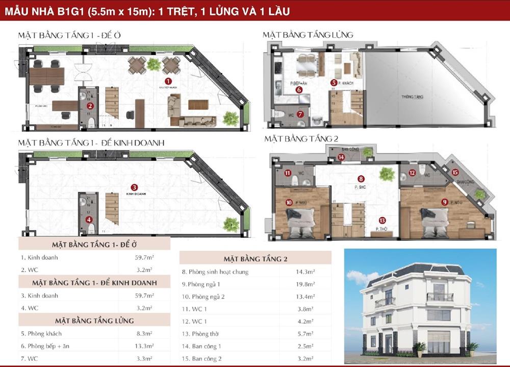 Mẫu nhà B1G1 (5.5mx15m): 1 trệt, 1 lửng và 1 lầu tại Dự Án Richland Residence.