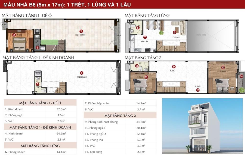 Mẫu nhà B6 (5mx17m): 1 trệt, 1 lửng và 1 lầu tại Dự Án Richland Residence.